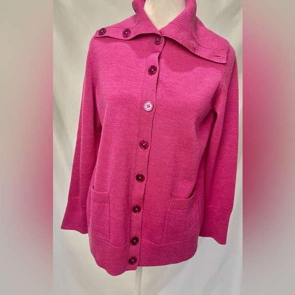Talbots Pink Pure Merino Wool Button Up Folded Collar Cardigan Sweater - Picture 2 of 11